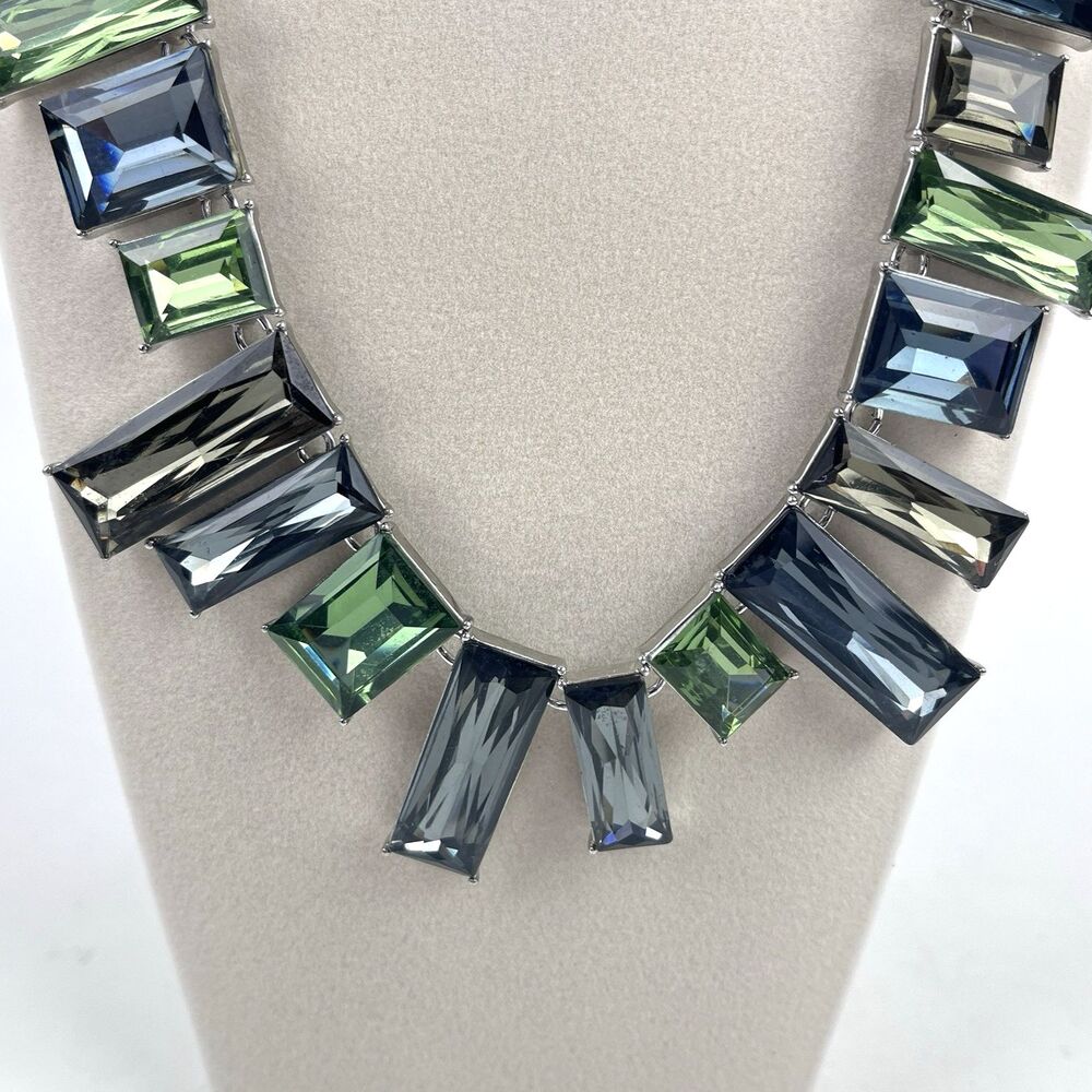 J. Crew Geometric Rhinestone Statement Necklace Blue green Adjustable Logo tag